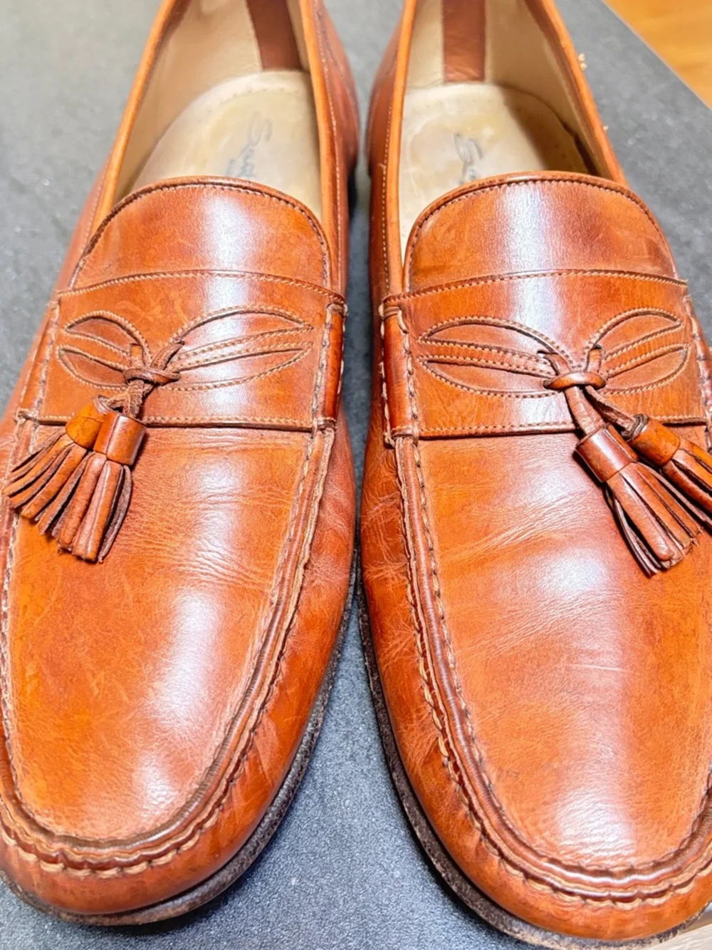 Santoni Brown Leather Tassel Loafers Mens 10 D Made in Italy Vero Cuoio